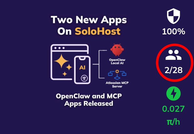 Promotional graphic titled "Two New Apps On SoloHost" announcing the release of OpenClaw Local AI and Atlassian MCP Server, with metrics showing 100% shield rating, 2/28 users (circled in red), and a hash rate of 0.027 π/h.