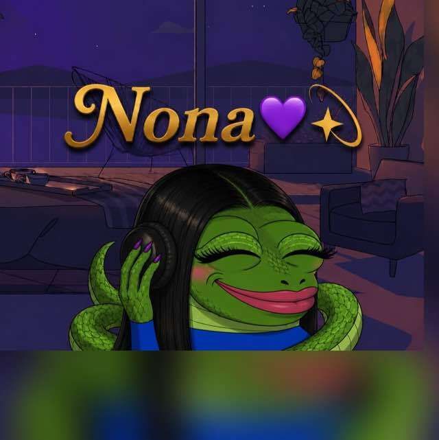 A whimsical illustration features a cute green snake character with long black hair, closed smiling eyes, and pink lips wearing headphones in a modern living room at night, with the stylized golden text "Nona" accompanied by a purple heart and sparkle emoji displayed above her. The image complements the post's friendly goodnight greeting to web3 friends, presenting Nona as an approachable, relatable mascot character for the community.