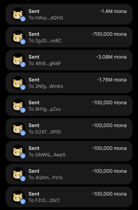 The image displays a series of "Sent" transactions totaling over 6 million $MONA, with entries like -1.4M mona, -700,000 mona, -3.08M mona, and multiple -100,000 mona transfers sent to various truncated wallet addresses. This appears to serve as evidence of $MONA token distributions, likely to support a crypto giveaway promotion where users are asked to drop their $SOL wallet addresses to claim 100,000 $MONA through the Monacoin presale.