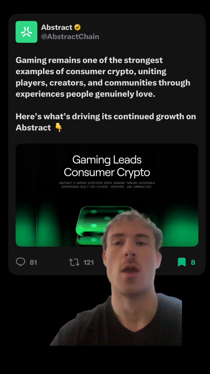 The image shows a man talking into a microphone, with a caption below him that reads "Abstract unlocks global liquidity where anybody can access & play these games across the world. The portal has proven itself to have meaningful distribution." This suggests that the man is discussing the concept of abstract gaming and how it allows for easy access to various games from different parts of the world.