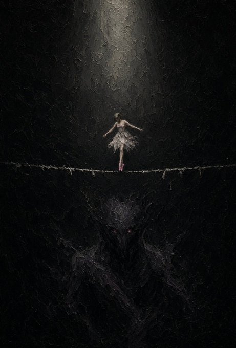 A dark, atmospheric painting of a ballerina balancing on a tightrope in a spotlight, with a shadowy monstrous figure lurking beneath her in the darkness.