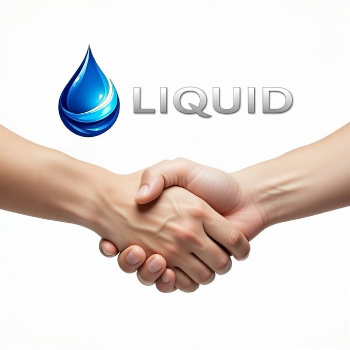 Image showing two hands shaking in a handshake overlaid with a blue water drop logo and the text 'LIQUID'.