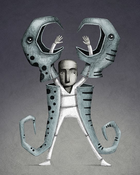 A surreal illustration of a humanoid figure in white standing with arms raised, flanked by large claw-like appendages with eyes and spotted patterns against a grey background.