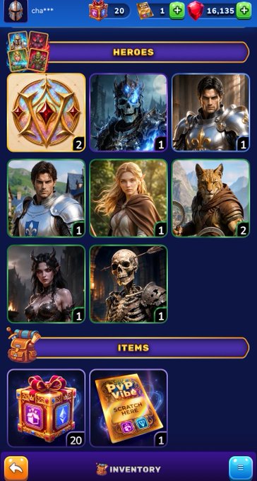 A mobile RPG game inventory screen showing a Heroes collection including a knight, fire mage, and cat warrior, along with PvP Scratch ticket items and 16,135 gems.