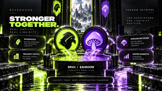 A promotional graphic titled 'STRONGER TOGETHER. REAL CAPITAL. REAL LIQUIDITY' showcasing the partnership between RAVENHOOD and SHROOM NETWORK, featuring logos of a raven and a mushroom with glowing green and purple visual effects.