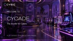 Neon-lit casino entrance featuring signage that reads "CYWC CYSIC WELCOME TO CYCOSIC The ecstasy for Crypto CYCOSIC-POWERED BY PLUR GANG PLURGANG.COLLECT".