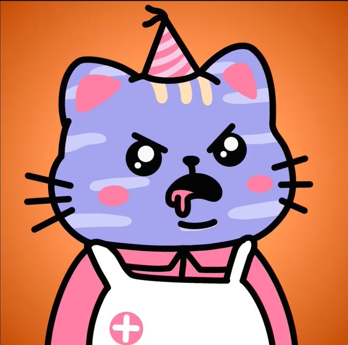 A cartoon illustration of a purple cat wearing a pink and white striped party hat and a pink apron with a medical cross symbol, featuring an angry expression with drool on an orange background.
