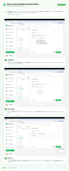 A tutorial webpage titled 'How to Set Up Delbox Custom Menu' displaying screenshots of a menu customization interface with sections labeled 'Custom Menu', 'Word-Reply', 'Picture-Reply', and 'Web-Link'.