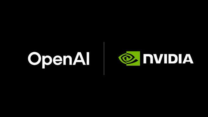A black background displays the OpenAI logo in white text alongside the NVIDIA logo featuring its distinctive green eye emblem.