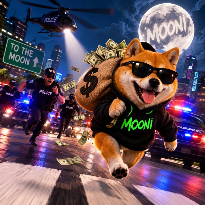 An illustration of a Shiba Inu dog wearing sunglasses and a 'MOONI' hoodie running with a money bag, chased by police cars and a helicopter under a moon labeled 'MOONI', with a 'TO THE MOON' road sign.