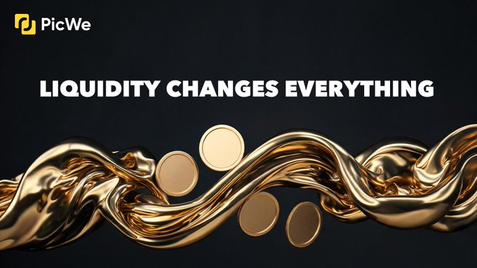 The image features the PicWe logo alongside the bold text "LIQUIDITY CHANGES EVERYTHING," set against flowing gold liquid and coins that symbolize the transformation of real-world assets into on-chain liquidity, visually reinforcing the post's message about unlocking value for global participation through RWA.