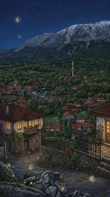 A detailed illustrated scene of a village nestled in a mountainous landscape at night, with lit windows, a minaret, a crescent moon, and glowing fireflies.