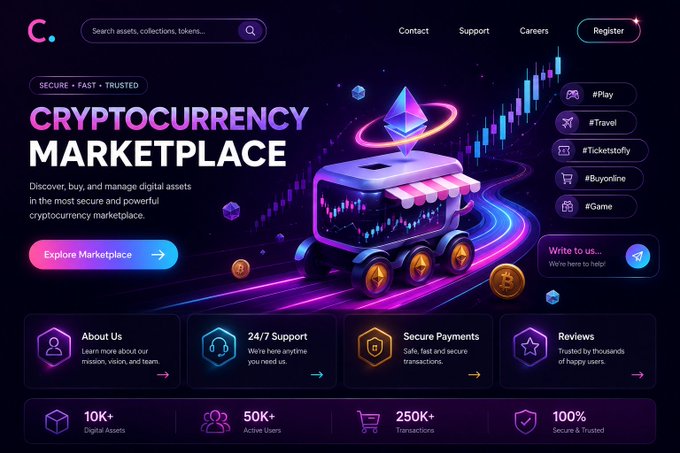A vibrant purple and pink website landing page for a 'CRYPTO MARKETPLACE' featuring a 3D illustration of a vending machine on a neon road, with stats showing '10K+ Digital Assets', '50K+ Active Users', '250K+ Transactions', and '100% Secure & Trusted'.