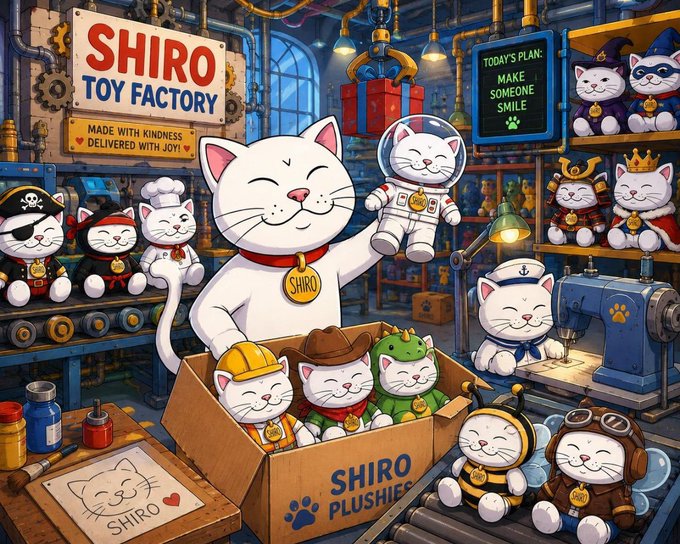 A whimsical illustration of 'Shiro Toy Factory' featuring smiling white cat plushies dressed as a chef, astronaut, pirate, sailor, bee, and other costumes.
