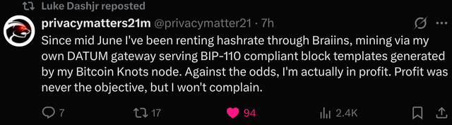 A reposted tweet by privacymatters21m describing renting hashrate through Braiins and mining via a DATUM gateway serving BIP-110 block templates from a Bitcoin Knots node.