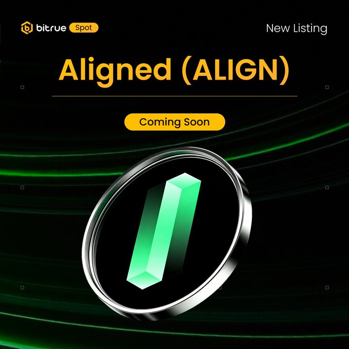 A Bitrue promotional graphic announces the upcoming spot listing of Aligned (ALIGN), featuring the token's green geometric logo on a sleek black coin design, with "New Listing" and "Coming Soon" text highlighting the upcoming $ALIGN/USDT trading pair.