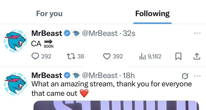 The image is a screenshot of MrBeast's Twitter/X "Following" feed, showing his recent posts including a "CA → SOON" tweet with 292 replies, 38 retweets, 392 likes, and 9,182 views, alongside a post about an amazing stream with a red heart emoji. The image relates to the accompanying post's claim by showing MrBeast's verified account (@MrBeast) making a cryptic post about an upcoming "CA" (contract address), which is being exploited by a scam account (Mrbeastsolcoin.com) to falsely promote a fake "$BEAST" token presale.