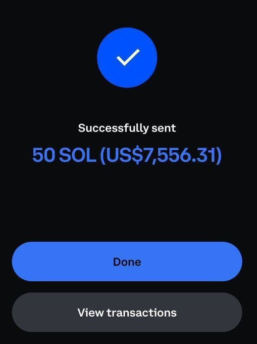 A mobile app confirmation screen showing a successful transaction with a blue checkmark, stating 'Successfully sent 50 SOL (US$7,556.31)'.