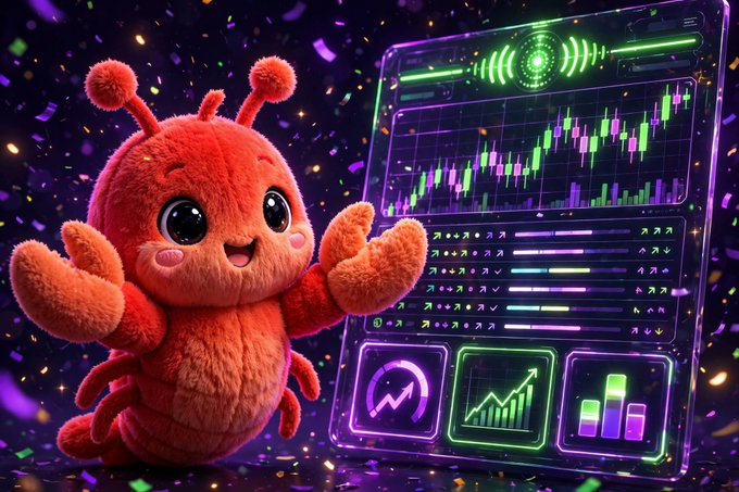 A festive digital illustration of a cute red fuzzy creature with antennae celebrating next to glowing neon holographic trading screens displaying stock charts and financial data.