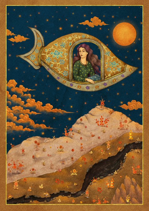 A Persian-style miniature painting depicting a woman in green seated inside a golden fish-shaped vessel floating in a starry night sky above a flowering landscape with a river and full moon.