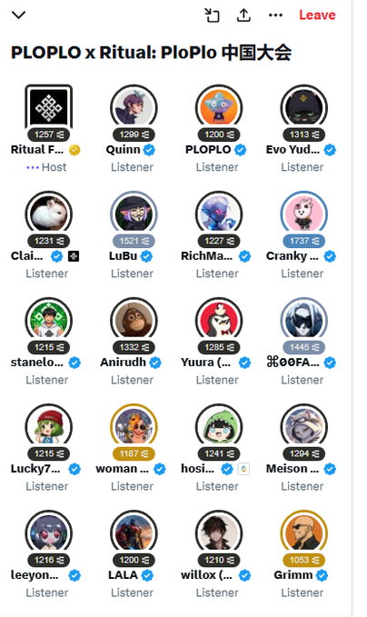 A screenshot of a Twitter Spaces interface for 'PLOPLO x Ritual: PloPlo 中国大会' showing numerous listeners with usernames like Quinn, PLOPLO, Clai..., LuBu, and Yuura.