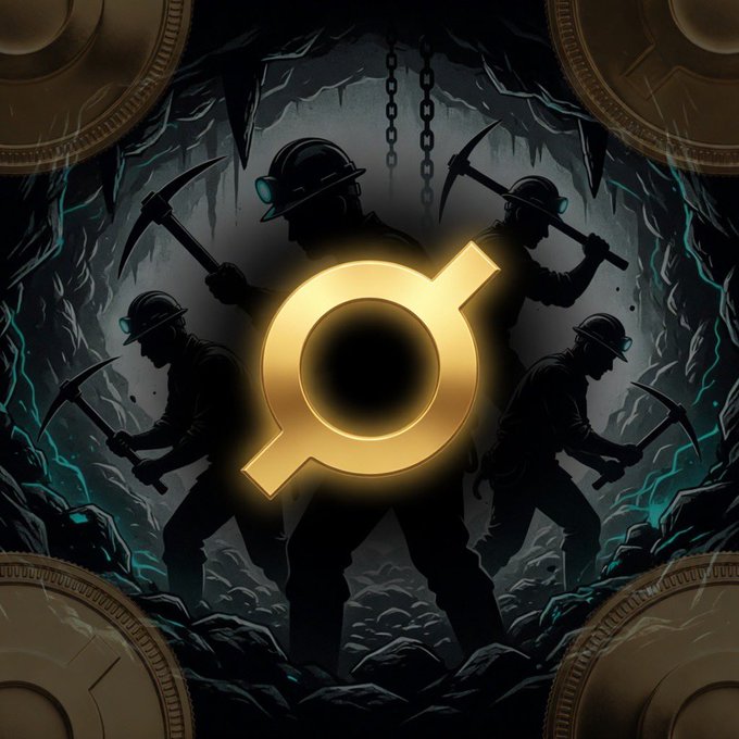 The image features four men dressed in black suits and hats, each holding a pickaxe as they work together in an underground cave setting. The men are positioned at various points within the cave, suggesting that they might be exploring or excavating the area. The gold circle logo is placed in the center of the image, drawing attention to the group's activity. The caption above the image reads "Look around, there is a reason why there are so many copy pasta tokens of $ORE". This implies that the men's actions and the presence of the gold circle logo might be related to an underground mining operation or some other form of excavation in the area.