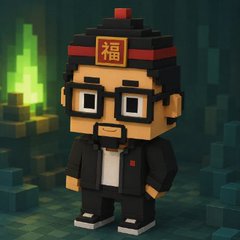 A pixelated avatar of a bearded man wearing glasses and a black outfit stands in a Minecraft-style blocky environment with green crystals. The character's black cap features red text reading "福僧" (Fusō), likely representing the @ponsdotfamily founder mentioned in the post joining the @StackersXYZ community chat.