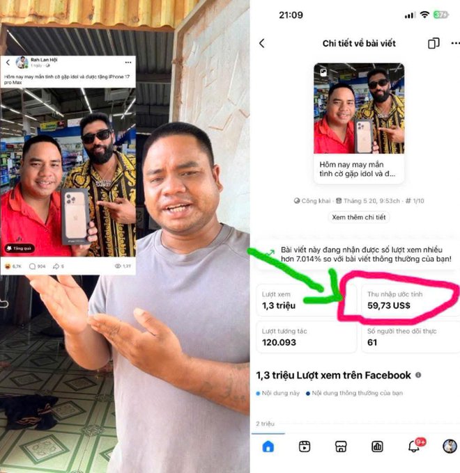 A man points to a viral Facebook post showing a selfie with a wealthy foreigner, with highlighted metrics showing 1.3 million views and earnings of $59.73 USD.