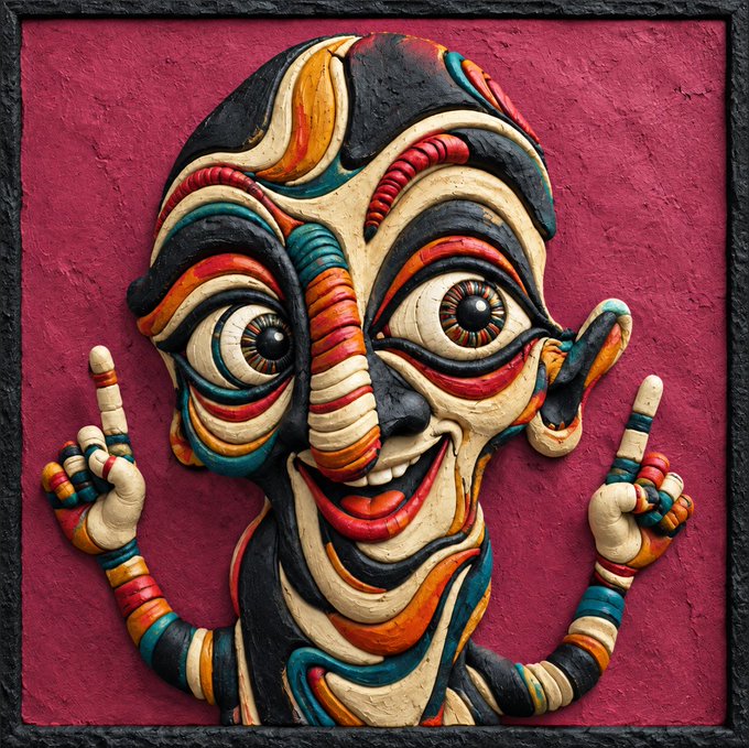 A vibrant, sculpted relief artwork depicts a stylized jester face with exaggerated features, colorful patterns in red, yellow, blue, and black, and both hands pointing upward against a textured magenta background.