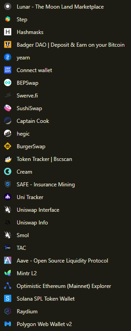 A screenshot showing a cryptocurrency bookmark/favorites list featuring items like Lunar, Step, Hashmasks, Badger DAO, yearn, SushiSwap, Uniswap, and Aave.