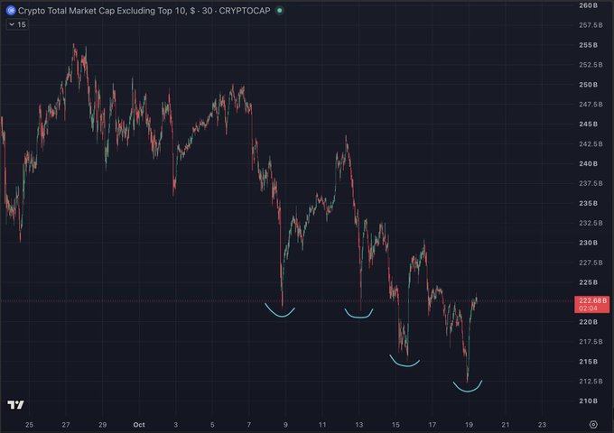 The image displays a candlestick chart of the "Crypto Total Market Cap Excluding Top 10" ($CRYPTOCAP), with the value currently at 222.5B (-2.2%), showing a clear downtrend from a late September peak above 255B with four notable local bottoms highlighted by blue arcs around early October, mid-October, and mid-November dates. These successive bounce points visually support the post's claim that altcoins are in a local cool-off phase, with each higher low preventing a larger sell-off while the broader trend remains bearish compared to BTC's flat performance.