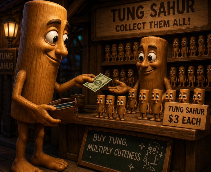 The image shows a wooden "Tung Sahur" character at a market stall handing a $3 bill to a vendor, with shelves full of similar wooden figurines behind him and signs reading "TUNG SAHUR COLLECT THEM ALL!" and "TUNG SAHUR $3 EACH," plus a chalkboard stating "BUY TUNG, MULTIPLY CUTENESS." This playful "collect them all" scene ties into the post's promotion of "Triple T," framing the meme coin as an adorable collectible in a competitive crypto battle on Solana.