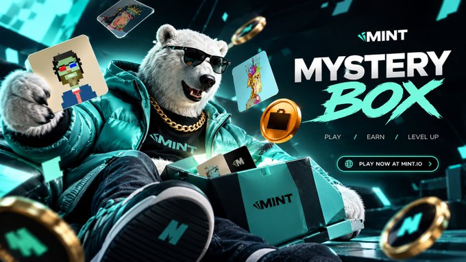 A polar bear mascot wearing sunglasses, a gold chain, and a teal puffer jacket holds a "MINT" box while surrounded by NFT collectibles and MINT tokens, promoting the "MYSTERY BOX" feature with the tagline "PLAY / EARN / LEVEL UP" and a "PLAY NOW AT MINT.IO" call-to-action.

The image visually reinforces the post's message about PlayOnMint's gamified ecosystem, where the polar bear—serving as a memorable brand character—unwraps mystery rewards, symbolizing the engagement loop of earning XP, $MNTD tokens, and MINT incentives that keep users returning beyond a single interaction.