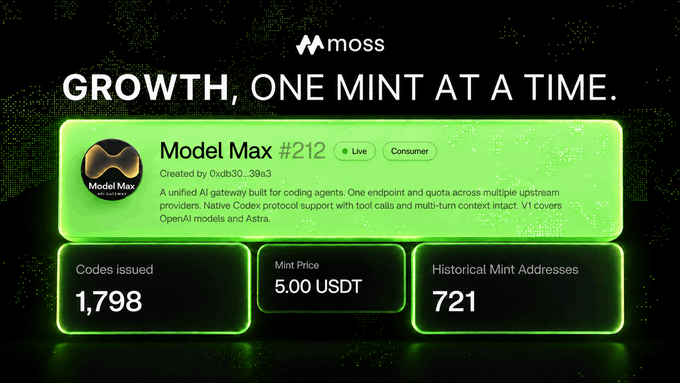 A promotional graphic for 'Moss' with the headline 'GROWTH, ONE MINT AT A TIME,' showing stats for 'Model Max #212': 1,798 codes issued, 5.00 USDT mint price, and 721 historical mint addresses.