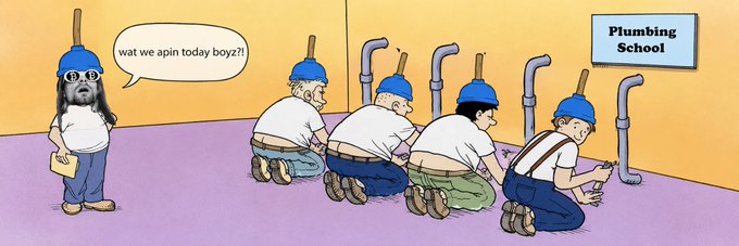 A cartoon shows a figure with a beard, glasses, and a plunger-shaped hat asking "wat we apin today boyz?!" while four men in similar plunger hats kneel in a row working on pipes at a "Plumbing School." The image humorously references the crypto "plumbers" and "bundlers" rivalry, with the mustached figure representing one of the nominated figures like @cobie or @jackduval, satirizing the collaborative plumbing work being done "together."