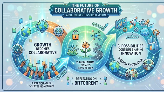The image features a colorful poster that illustrates the concept of collaborative growth, using circles with various elements such as people, flowers, and buildings to represent different aspects of collaboration. The poster also includes text that connects these elements, emphasizing the importance of collaboration in driving innovation and progress.