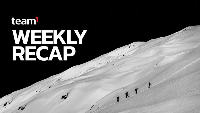 A black-and-white image showing climbers ascending a snowy mountain ridge, with 'team1' and 'WEEKLY RECAP' text overlaid on the left.