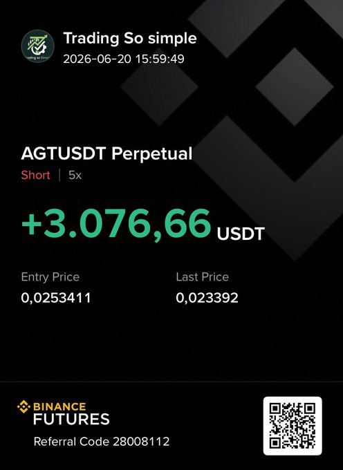 The image shows a black background with white text, including a message about trading strategies. The text reads "Trading So simple", which suggests that the content might be related to basic or beginner-friendly trading techniques. There are also mentions of "stoploss" and "entry wait for more dump". These terms could indicate that the post is discussing stop loss orders in trading, where a trader sets a limit price at which they will sell their assets if the asset's price falls below this limit.

The image also contains a QR code, which might be used to direct viewers to additional information or resources related to the content of the post.