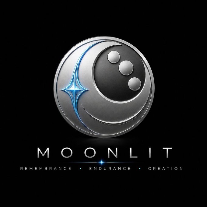 A sleek metallic emblem featuring a blue starburst and three ascending silver spheres set against a black background, with the text "MOONLIT" and the tagline "REMEMBRANCE • ENDURANCE • CREATION" displayed below, promoting the Moonlit project and its associated community token RUNA.