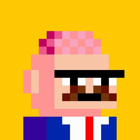 A pixel-art character with pink skin, a blocky pink hairstyle, dark sunglasses, and a purple, white, and blue outfit appears against a bright yellow background.