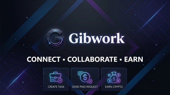 The image is a promotional banner for **Gibwork** featuring a stylized "G" logo alongside the tagline "CONNECT · COLLABORATE · EARN," with three feature icons below labeled "CREATE TASK," "SEND PAID REQUEST," and "EARN CRYPTO." It visually introduces the platform's Paid Request feature highlighted in the post, illustrating the streamlined process of directly hiring workers for tasks.