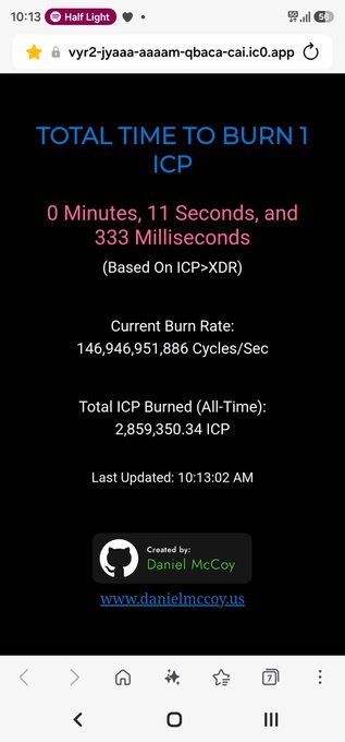 A dark mobile screen titled 'TOTAL TIME TO BURN 1 ICP' showing '0 Minutes, 11 Seconds, and 333 Milliseconds' and a current burn rate of 146,946,951,886 Cycles/Sec, created by Daniel McCoy.