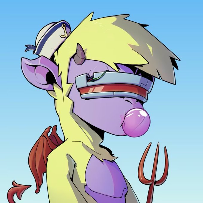 A cartoon illustration of a purple-skinned devil character with blonde hair, horns, a sailor hat, bubblegum, small wings, and holding a pitchfork against a blue sky.
