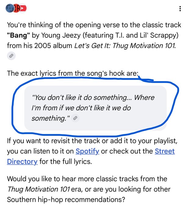 A screenshot of an AI chat response identifying the opening verse of 'Bang' by Young Jeezy (featuring T.I. and Lil' Scrappy) from the 2005 album 'Let's Get It: Thug Motivation 101', with the hook lyrics circled: 'You don't like it do something... Where I'm from if we don't like it we do something.'