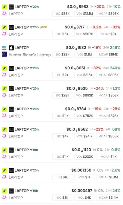 A screenshot of multiple meme coins on a crypto tracker, all named "LAPTOP" with prices ranging from $0.000347 to $0.98983, low liquidity ($1K-$38K), and one notable entry called "Hunter Biden's Laptop." The image humorously relates to the post about Solana developers being in Robinhood by showing the abundance of new meme coins launching on Solana, suggesting that retail traders are flooding in like the wave of laptop-themed memecoins pictured here.