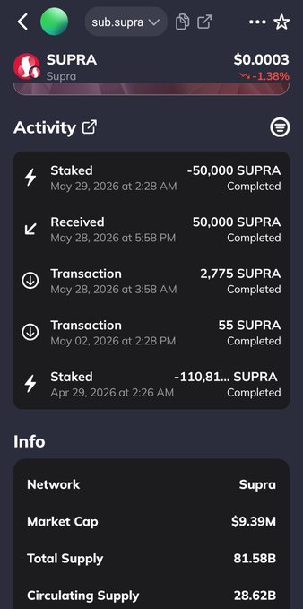 The image shows a phone screen displaying information about a cryptocurrency called "50,000 SUPRA" that has been secured and is now being threatened by a hacker. The phone's screen also displays details about an episode of a show called "The SUP' show", which was watched by @SUPRA_Labs and @JamesBondsama on May 20th at 2:30 pm.