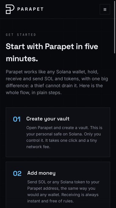 A screenshot from the Parapet website titled 'Start with Parapet in five minutes,' describing how to create a vault on Solana and add money, with steps labeled '01 Create your vault' and '02 Add money.'