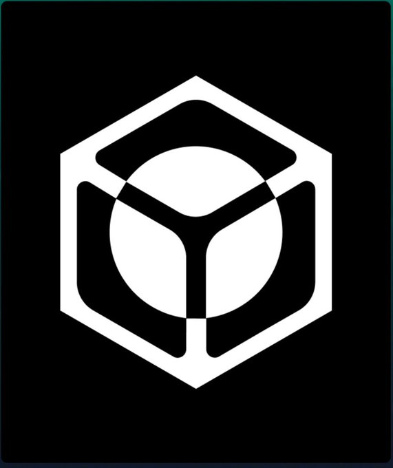 A white geometric hexagonal logo featuring an inner circle and triangular shapes on a black background.