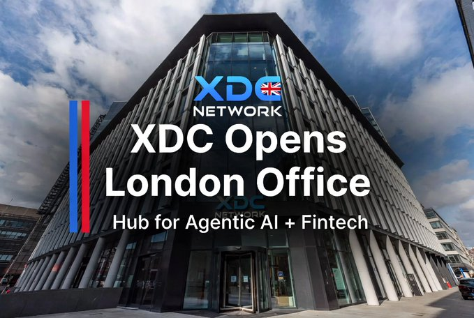 Promotional graphic announcing 'XDC Opens London Office' as a 'Hub for Agentic AI + Fintech,' featuring a modern glass office building with the XDC Network logo.