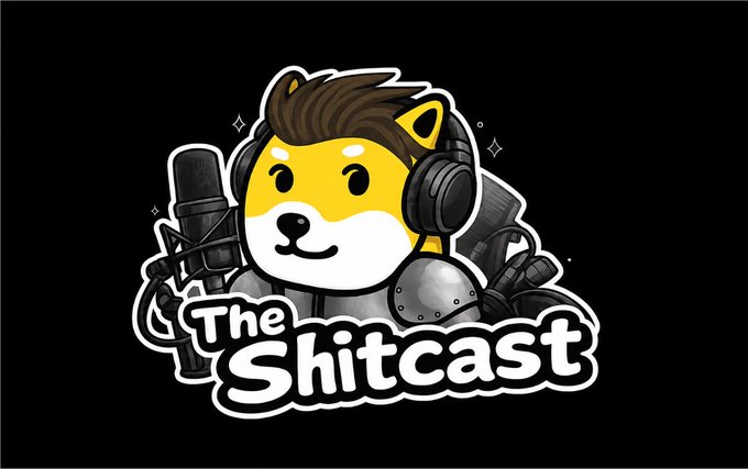 A logo for "The Shitcast" podcast featuring a cartoon Shiba Inu dog wearing headphones, surrounded by microphones and recording equipment on a black background.